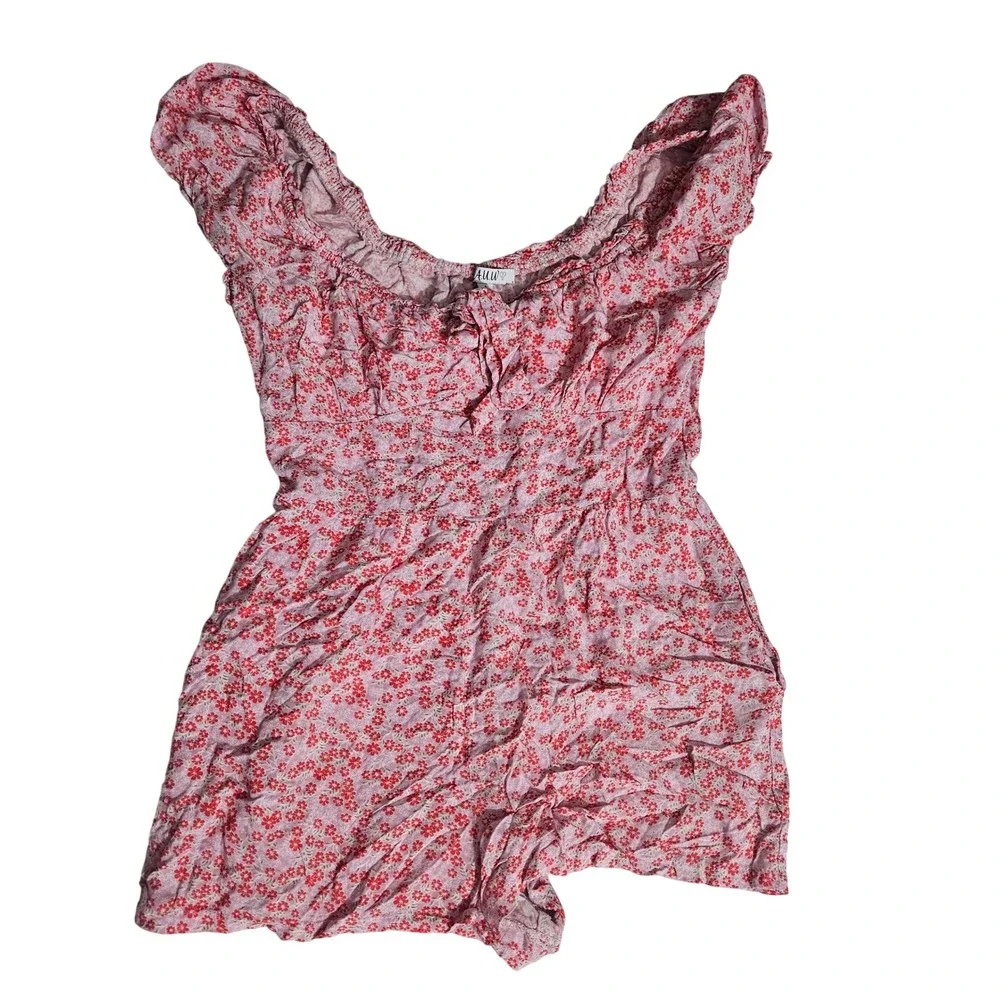 AUW Pink Red Floral Smocked Waist Romper Womens Small Ruffle Neck Short Sleeve